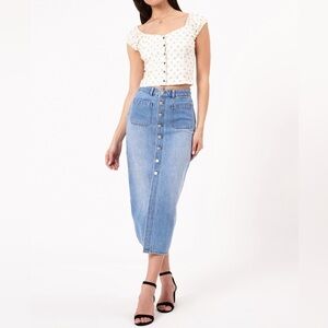 New Rollas Sailor Skirt Mid Vintage Blue Pencil Midi Button Front Slit Denim 24